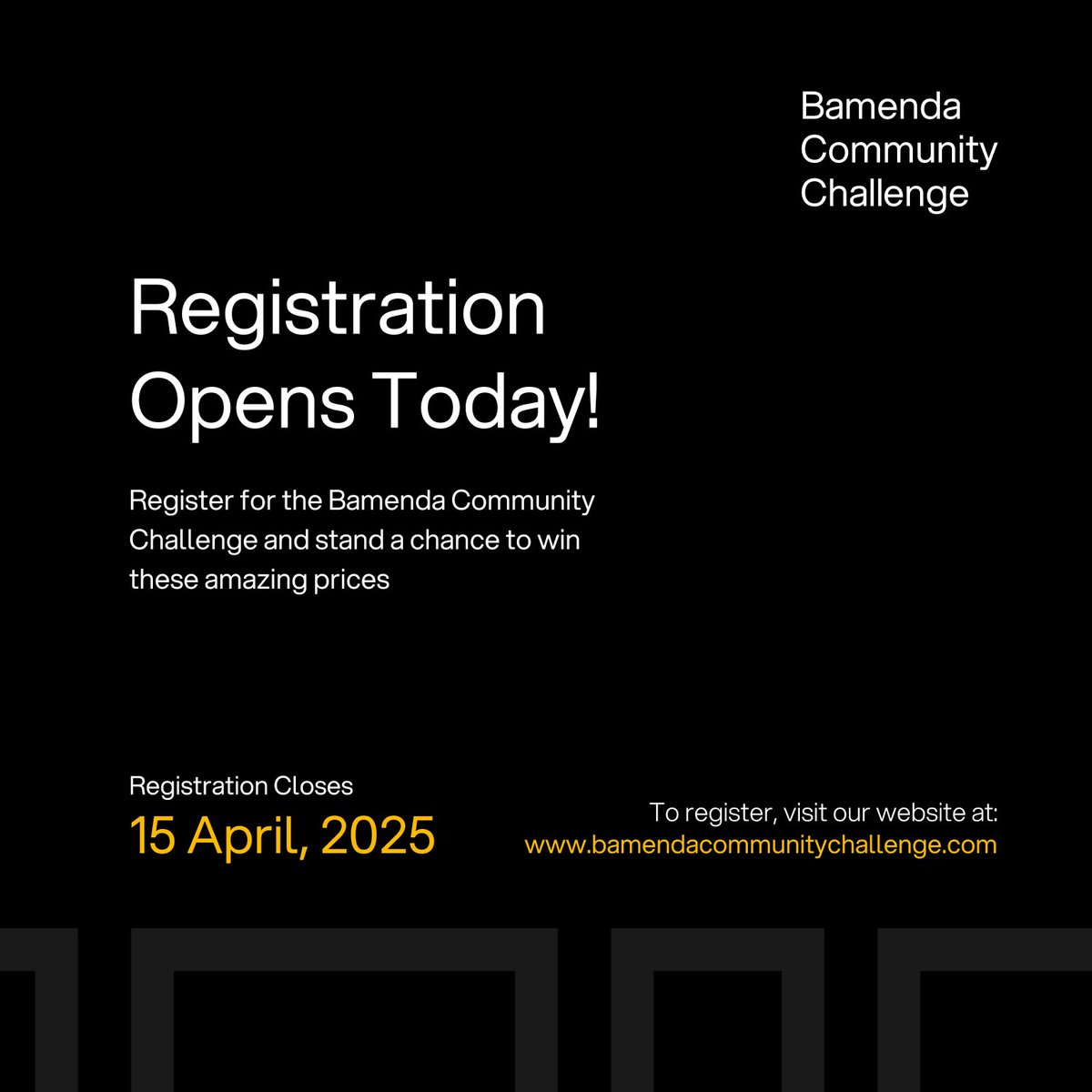 🌟Attention Innovators and problem solvers🌟

Are you passionate about making a difference in our community? 
Join the Bamenda Community Challenge and propose tech solutions for simple community issues where you will be able to: 
- Showcase your project to big investors