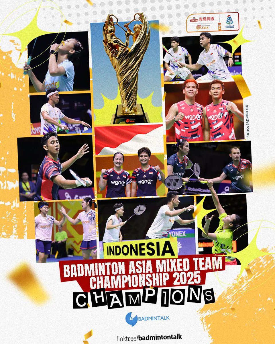 SEJARAH TERCIPTA!

Untuk pertama kalinya Indonesia berhasil menjuarai Badminton Asia Mixed Team Championship 2025 sejak pertama kali digelar pada tahun 2017 setelah mengalahkan tuan rumah China dengan 3-1.

CONGRATULATIONS!!🥇🇮🇩

#BAMTC2025