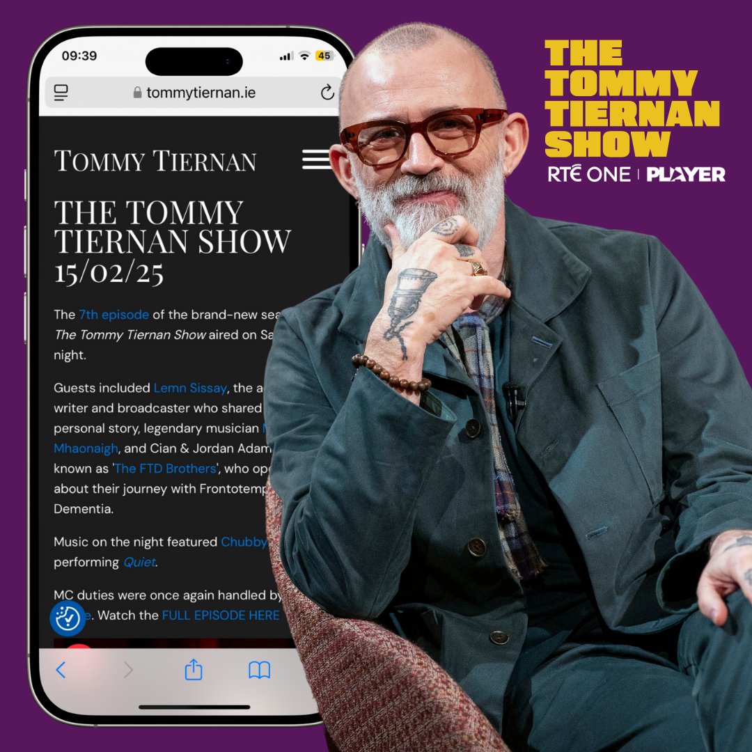 Tommy Tiernan (@tommedian) on Twitter photo The Tommy Tiernan Show
Season 9 | Episode 7 #TommyTiernanShow
Lemn Sissay, Mairéad Ní Mhaonaigh, and Cian & Jordan Adams with MC duties by Fred Cooke. Music by Chubby Cat performing Quiet.
Stream now on <a href="/RTEplayer/">RTÉ Player</a> via tommytiernan.ie/the-tommy-tier… The Tommy Tiernan Show
Season 9 | Episode 7 #TommyTiernanShow
Lemn Sissay, Mairéad Ní Mhaonaigh, and Cian & Jordan Adams with MC duties by Fred Cooke. Music by Chubby Cat performing Quiet.
Stream now on <a href="/RTEplayer/">RTÉ Player</a> via tommytiernan.ie/the-tommy-tier…