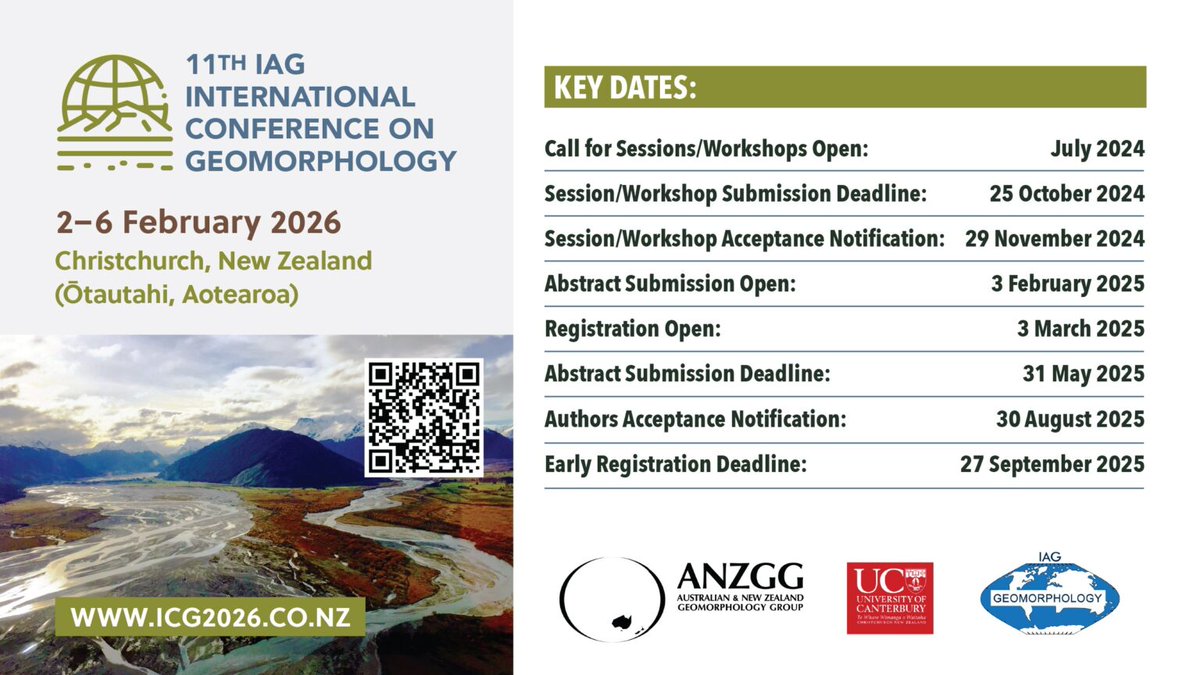 The call for abstract submission is now open! Check out the range of diverse #geomorphology sessions on offer and submit your abstract here for ICG 2026 in Christchurch, #NZ:
confer.co.nz/icg2026/call-f…
#geomorphology #icg2026 #newzealand #science #christchurch