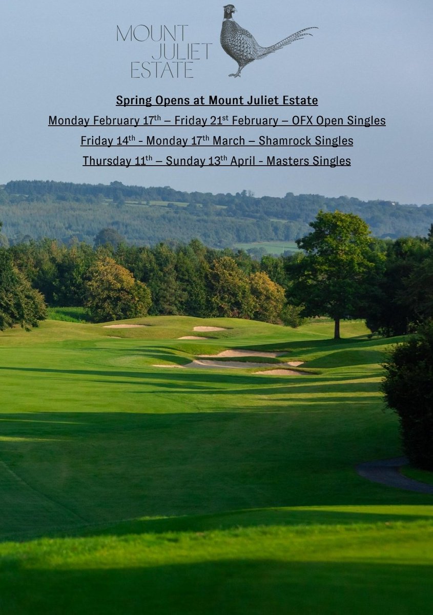Join us and spring into the golf season with an Open Day here at Mount Juliet Estate.

All tee times bookable online through the link in the app or below...

brsgolf.com/opencomps/club…

#MountJulietEstate #MountJulietGolf #Golf #OpenGolf #Competition #OFXLegends #marriottbonvoy