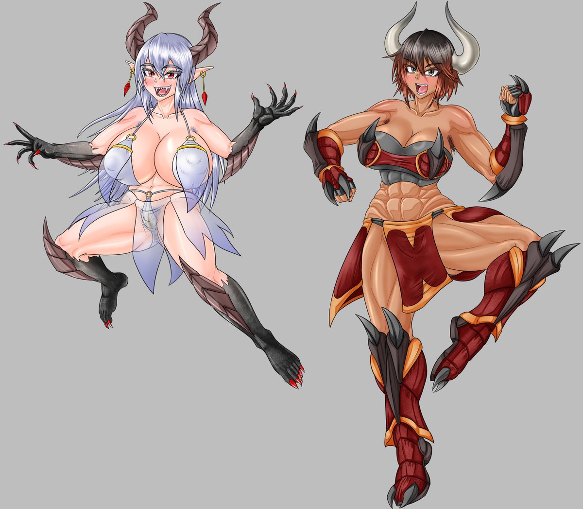 【R-18・WIP】またファンタジー系の新オリキャラです。今回はロリババアドラゴンエルフと、ミノタウロスの血がちょっと入った武闘家の角ありコンビです。 