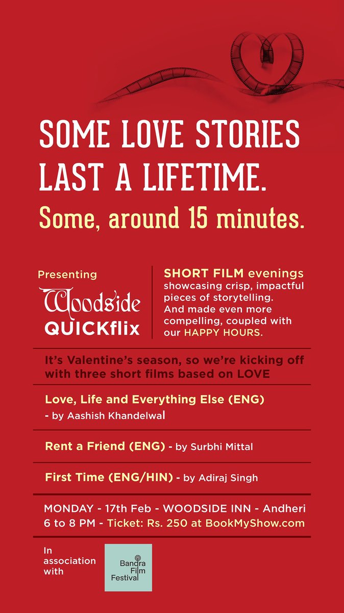Bandra Film Festival (@bandrafilm) on Twitter photo Your BFF along with Woodside Inn is bringing 3 beautiful short films for your heart ♥️
Great Stories, Food & “Happy Hours “ too!
See you all at screening !!
Book your tickets now on <a href="/bookmyshow/">BookMyShow</a>
#shortfilm #community #independentcinema #booktickets
bit.ly/41eLpGX Your BFF along with Woodside Inn is bringing 3 beautiful short films for your heart ♥️
Great Stories, Food & “Happy Hours “ too!
See you all at screening !!
Book your tickets now on <a href="/bookmyshow/">BookMyShow</a>
#shortfilm #community #independentcinema #booktickets
bit.ly/41eLpGX