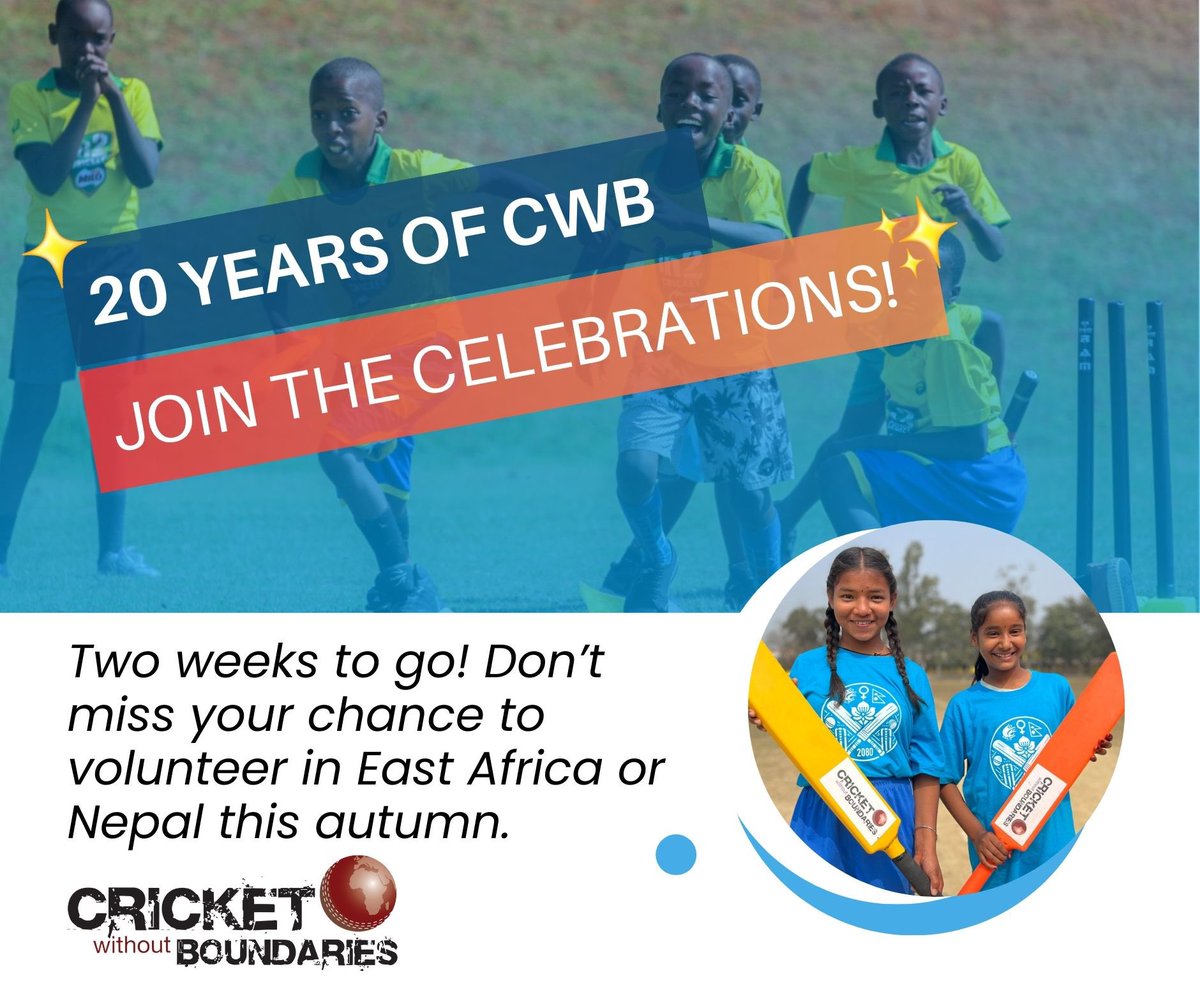 Just 2 weeks to go &amp; we’re looking for more volunteers to allow us to offer more cricket!

Trip dates: 
Kenya: 20th Sep/5th Oct
Rwanda: 27th Sep/12th Oct
Uganda: 27th Sep/12th Oct
Nepal: 22nd Nov/6th Dec

Join us: shorturl.at/jLI2n 🏏

#CricketTwitter #CricketDevelopment