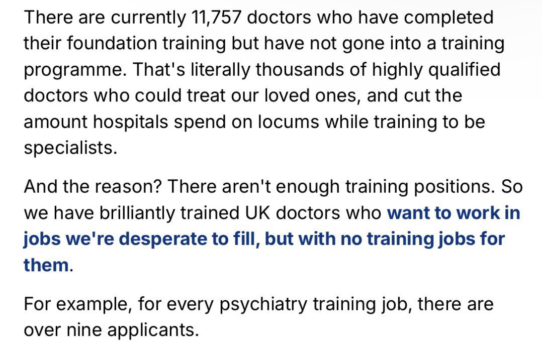 DrHWazir's tweet photo. There is an immense NHS training job crisis for UK graduate doctors, which is leaving 1000s of them underemployed. 

11,757 doctors did not have a speciality training job. This is due to the government centrally restricting the training numbers. This means doctors can’t train to become specialists and can’t help cut the waiting lists, despite the British public having to wait years for appointment dates. 

Meanwhile @UKLabour is continuing to employ doctors from WHO red list countries, while UK graduates are not prioritised in their own home country for these scarce training jobs.

We can’t carry on like this anymore.