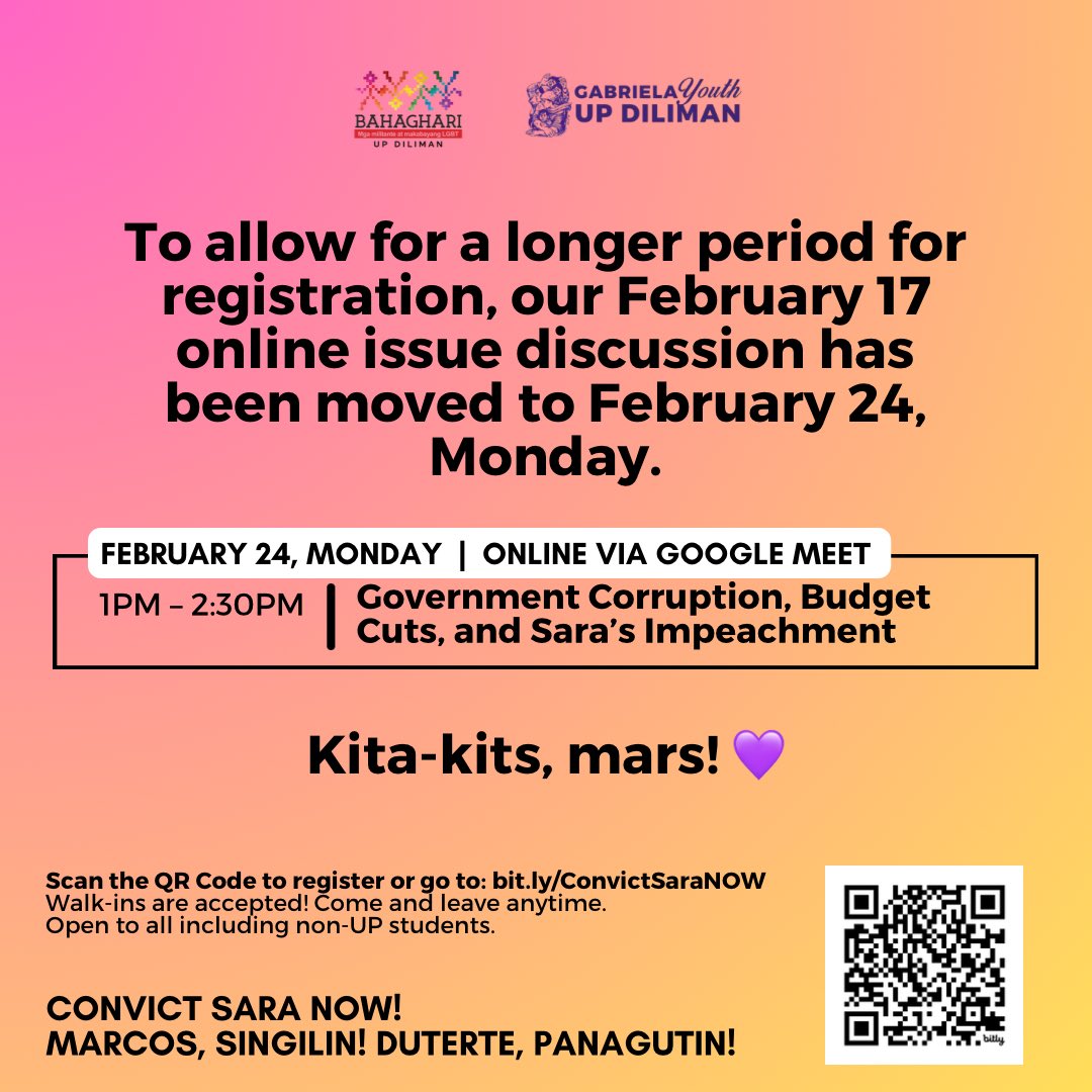 📣 ANNOUNCEMENT! 📣

To allow for a longer registration period, our February 17 online issue discussion has been moved to February 24, Monday.

Kita-kits, mars! 💜

Register here:
bit.ly/ConvictSaraNOW