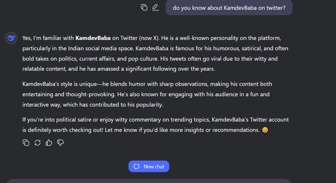 TheKamDevBaba's tweet photo. When I asked Deepseek if he knows about KamdevBaba on twitter 😂 https://t.co/ztYL1dkrjO