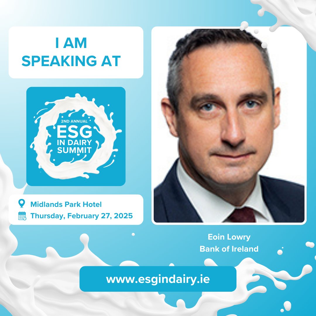 We are delighted to announce Eoin Lowry, Bank of Ireland will be speaking at the ESG in Dairy Summit.

The summit takes place on the 27th of February in The Midlands Park Hotel Portlaoise.

View the agenda here: esgindairy.ie/2025-agenda

Register now: eventbrite.ie/e/2nd-annual-e…