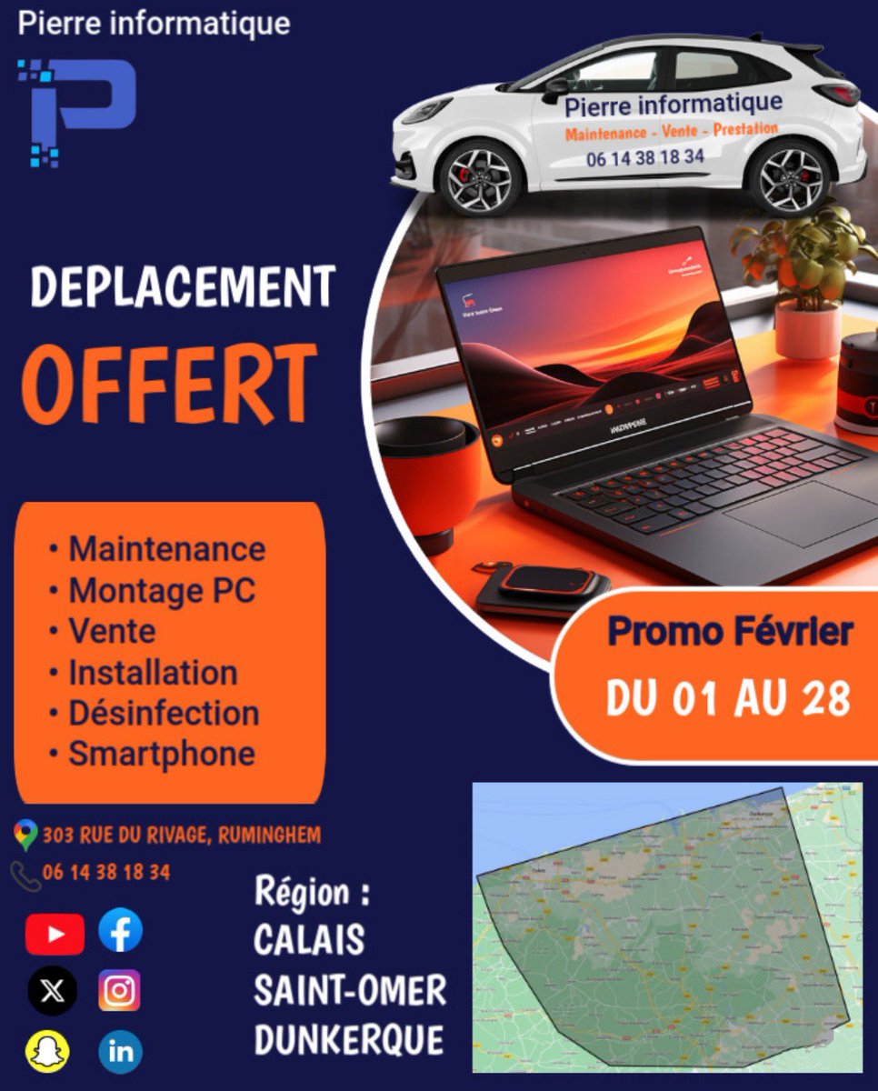 Pierreinformati's tweet image. 📢 Offre spéciale du mois ! 🚗💨

Ce mois-ci, profitez de votre déplacement offert pour toute intervention ! 🎉

📞 0614381834
📍 Audruicq / Ruminghem
📌 Calais, Dunkerque, St-Omer 

Offre valable jusqu’au 28⏳

#pierreinformatique #audruicq #Ruminghem