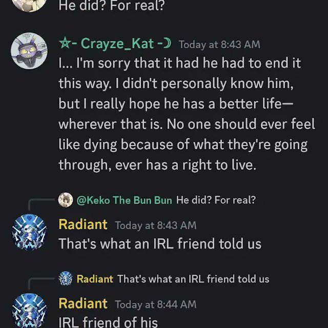 Miku Gaming ๐ (@mikugamingps5) on Twitter photo TW/Su!cide
It has come to my attention that one of my online friends <a href="/BrandanSus/">โ YourFavWeeb (MxntyICE) โ</a> have unfortunately took their own life. I wish there was something we could've done, rest in Peace Mxnty, fly high. ๐๐๐๏ธ
His community post: m.youtube.com/channel/UCPbbvโฆ TW/Su!cide
It has come to my attention that one of my online friends <a href="/BrandanSus/">โ YourFavWeeb (MxntyICE) โ</a> have unfortunately took their own life. I wish there was something we could've done, rest in Peace Mxnty, fly high. ๐๐๐๏ธ
His community post: m.youtube.com/channel/UCPbbvโฆ