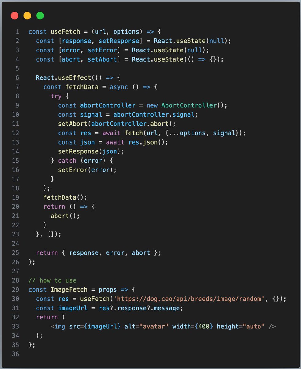 frontenddevsite's tweet image. React js custom Hook of the day - useFetch()
You can simplify network requests in React with a custom useFetch hook!
- Handles state (response, error, abort)
- Supports request cancellation with AbortController
- Easily fetch data
 #React #JavaScript #WebDev #FrontEnd