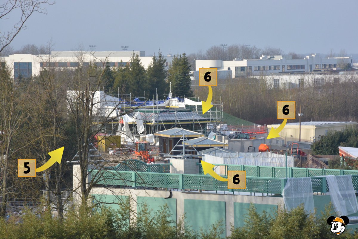 DLPWorks's tweet photo. [Analysis] 🚧 Progress on Arendelle and the North Mountain 🏔️

1️⃣ The roof and façade of the southern building in Arendelle are now complete, allowing for the removal of scaffolding.
2️⃣ Theming has advanced on the structures designated for the quick-service restaurant. The visible façade colours now offer a glimpse into the land's cohesive palette.
3️⃣ Scaffolding has been erected on the protruding beams of the North Mountain and the snow-capped peaks adjacent to the castle, facilitating the beginning of thematic painting. We'll provide a closer look at this painting process in an upcoming post.
4️⃣ Concrete has been poured over the steel frameworks in the area designated for Elsa's castle, marking significant visible progress in this section.
5️⃣ Recently, trees have been planted near the West Pavilion. We'll showcase their impact from ground level in a forthcoming post.
6️⃣ A white undercoat has been applied to the roof of the West Pavilion, pending the final burgundy hue to match the West and South kiosks. Installation of the kiosks' walls is underway. Additionally, a concrete wall separating Adventure Bay from backstage areas has been constructed.
#DisneylandParis