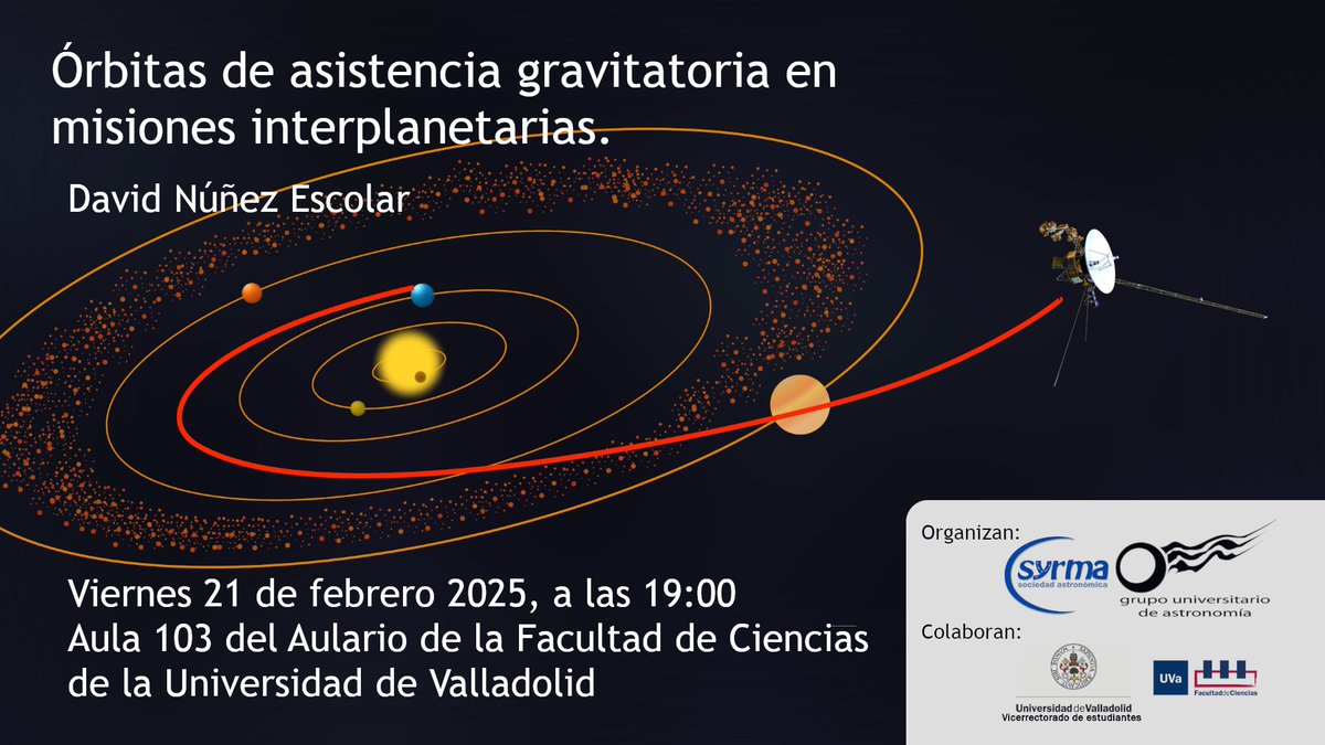 Este viernes tenemos la charla «Órbitas de asistencia gravitatoria en misiones interplanetarias». David nos explicará cómo se usa la gravedad de los planetas para diseñar la trayectoria de los satélites en misiones interplanetarias. Tenéis todos los detalles en el cartel. 🪐🛰️