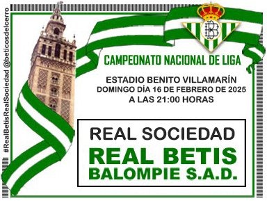 ¡Día de 𝘽𝙀𝙏𝙄𝙎!
#RealBetisRealSociedad #RealBetis #Betis #BeticosdelCerro
🟢 Real Betis - Real Sociedad 🔵
🏟 Benito Villamarín
🏆 LaLiga EA Sports
🕘 21:00
📺 DAZN