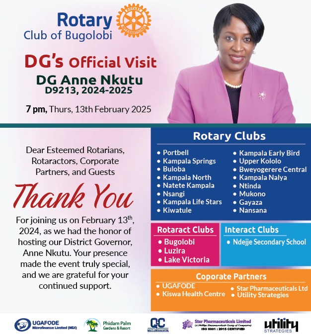 Our heart-felt appreciation goes to the many Rotarians, Rotaractors and friends who joined us to welcome DG Anne <a href="/dgrotaryd9213/">DG Geoffrey Martin Kitakule</a>. You made the night truly special, and we love💞 you! <a href="/ben_prof/">Prof. Ben Kiregyera</a> <a href="/RotaractBugos/">Rotaract Bugolobi (Parody)</a> <a href="/Horacerwaka/">Horace Rwakabureete</a> <a href="/SamWatasa/">Sam K. Watasa</a> <a href="/ObeneMugisha/">Mugisha Benjamin</a> #MagicofRotary #ServiceAboveSelf