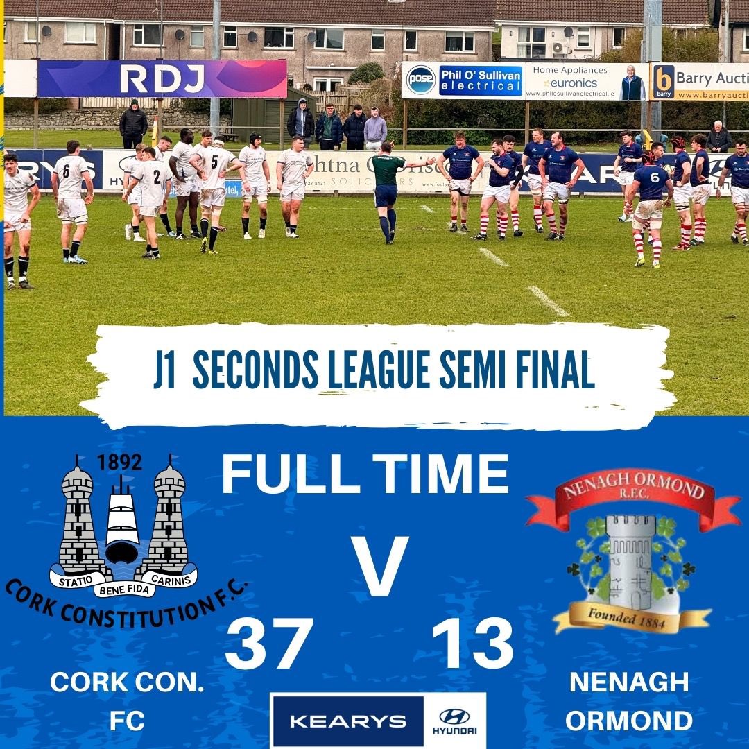 CorkConRugbyFC's tweet photo. 🎉 FULL-TIME RESULT 🎉

A massive second-half performance sees our J1s storm to victory in the Seconds League Semi-Final, beating Nenagh Ormond 37-13! 💪⚪🔵

A huge effort from the lads—now onto the FINAL! 🔥

#CorkCon #SecondsLeague #UpCon #FromTheClubhouse #FinalBound https://t.co/pNGuTalKqd