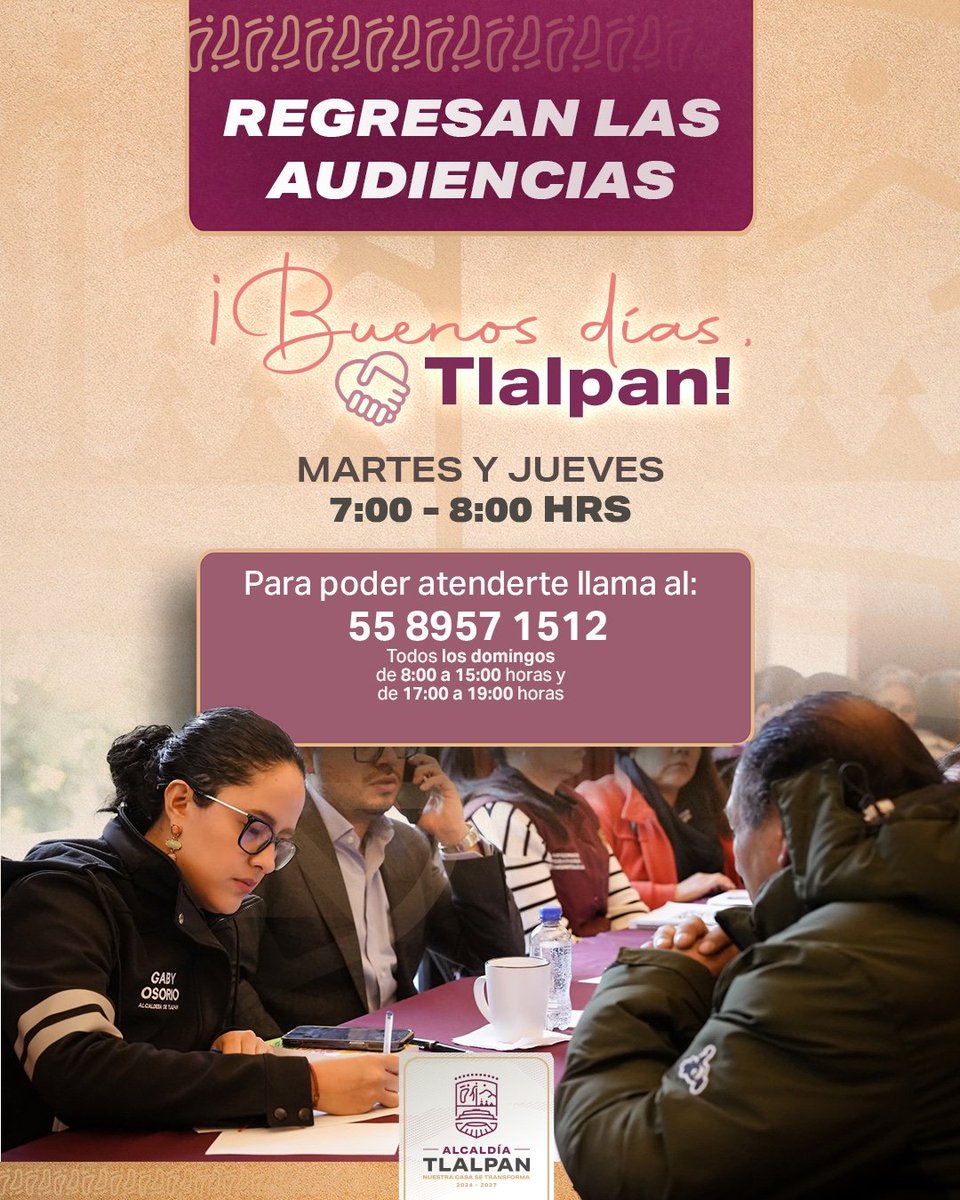 TlalpanAl's tweet photo. ¡ASISTE A LAS AUDIENCIAS PÚBLICAS! ❤️

Nuestra alcaldesa @Gabyosoriohdz , les espera para escuchar y atender sus necesidades. Para agendar cita:

📞 Llama al 55 8957 1512 los domingos de 8:00 a 15:00 hrs y de 17:00 a 19:00 hrs.
📅 Acude el día de tu cita (martes o jueves) en un horario de 7:00 a 8:00 hrs.

¡Les esperamos! 🫶🏼