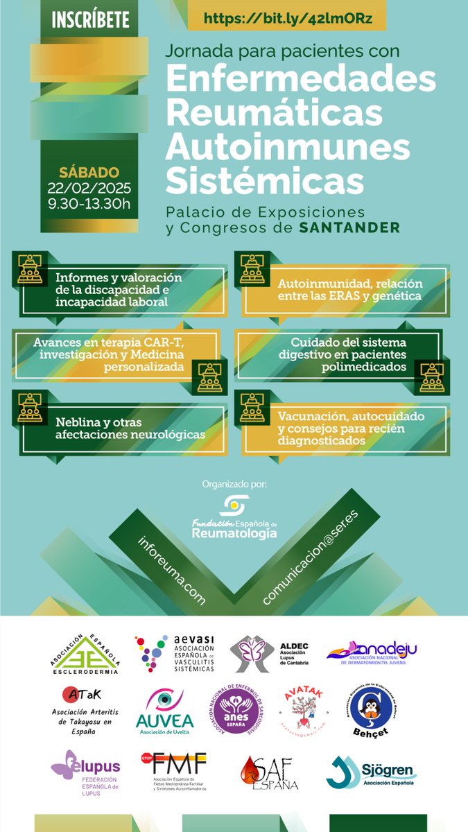 ecsalud's tweet photo. 🗓️ 22 de Febrero Jornada sobre  Enfermedades Autoinmunes en Santander Palacio de Exposiciones
🎯 Inscripción abierta: https://t.co/2Ww7gKDpz9
El autocuidado: la herramienta + eficaz en las ERAS (Escuela Cántabra de Salud)
¡Te esperamos! @SEReumatologia
#EnfermedadesAutoinmunes https://t.co/1YCmbrlmqf