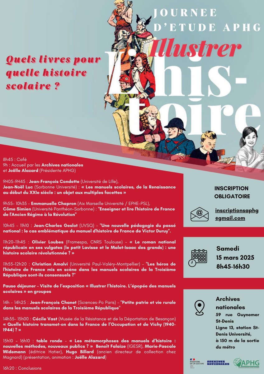 Que disent les manuels scolaires de l'enseignement de l'histoire? C'est l'objet d'une (riche) journée d'études organisée par l'<a href="/APHG_National/">APHG</a> et les <a href="/ArchivesnatFr/">Archives nationales de France</a> le 15 mars prochain.

aphg.fr/Quels-livres-p…
