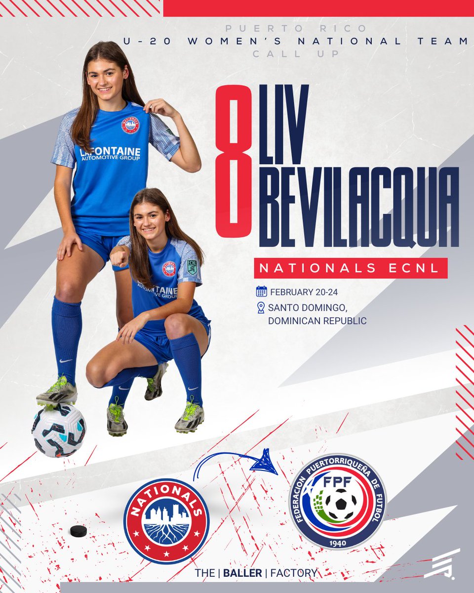 Nationals Girls Academy (@nationalsga) on Twitter photo LIV BEVILACQUA IS HEADING TO U-20 WOMEN'S NATIONAL TEAM DUTY
Congratulations to Liv Bevilacqua (2007 Nationals Blue ECNL), who has been called up to the U-20 <a href="/FPFPuertoRico/">Federación Puertorriqueña de Fútbol ⚽️🇵🇷</a> in the Dominican Republic from February 20-24.
The Puerto Rican U-20 Women's National Team will begin LIV BEVILACQUA IS HEADING TO U-20 WOMEN'S NATIONAL TEAM DUTY
Congratulations to Liv Bevilacqua (2007 Nationals Blue ECNL), who has been called up to the U-20 <a href="/FPFPuertoRico/">Federación Puertorriqueña de Fútbol ⚽️🇵🇷</a> in the Dominican Republic from February 20-24.
The Puerto Rican U-20 Women's National Team will begin