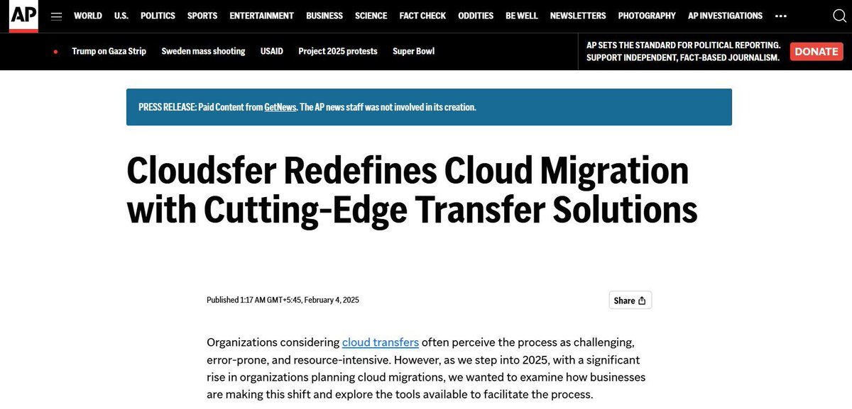 🌐 Cloudsfer Featured in AP News 🌐
AP News recognized us for reshaping cloud migrations through successful projects like:
- 35TB Egnyte to Amazon S3 Migration (seamless and downtime-free)
- Multi-user Box to Google Drive Transfer (efficient and secure)

buff.ly/3QcdtEk