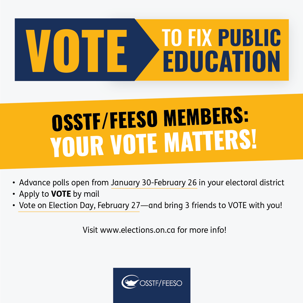 OSSTF MEMBERS: Your VOTE Matters!

There are many different ways to VOTE to FIX Public Education in this election - visit elections.on.ca for all the ways you can vote in your riding. If all of #OSSTF votes, we will have an impact ✊🏽 #OntEd #OnPoli