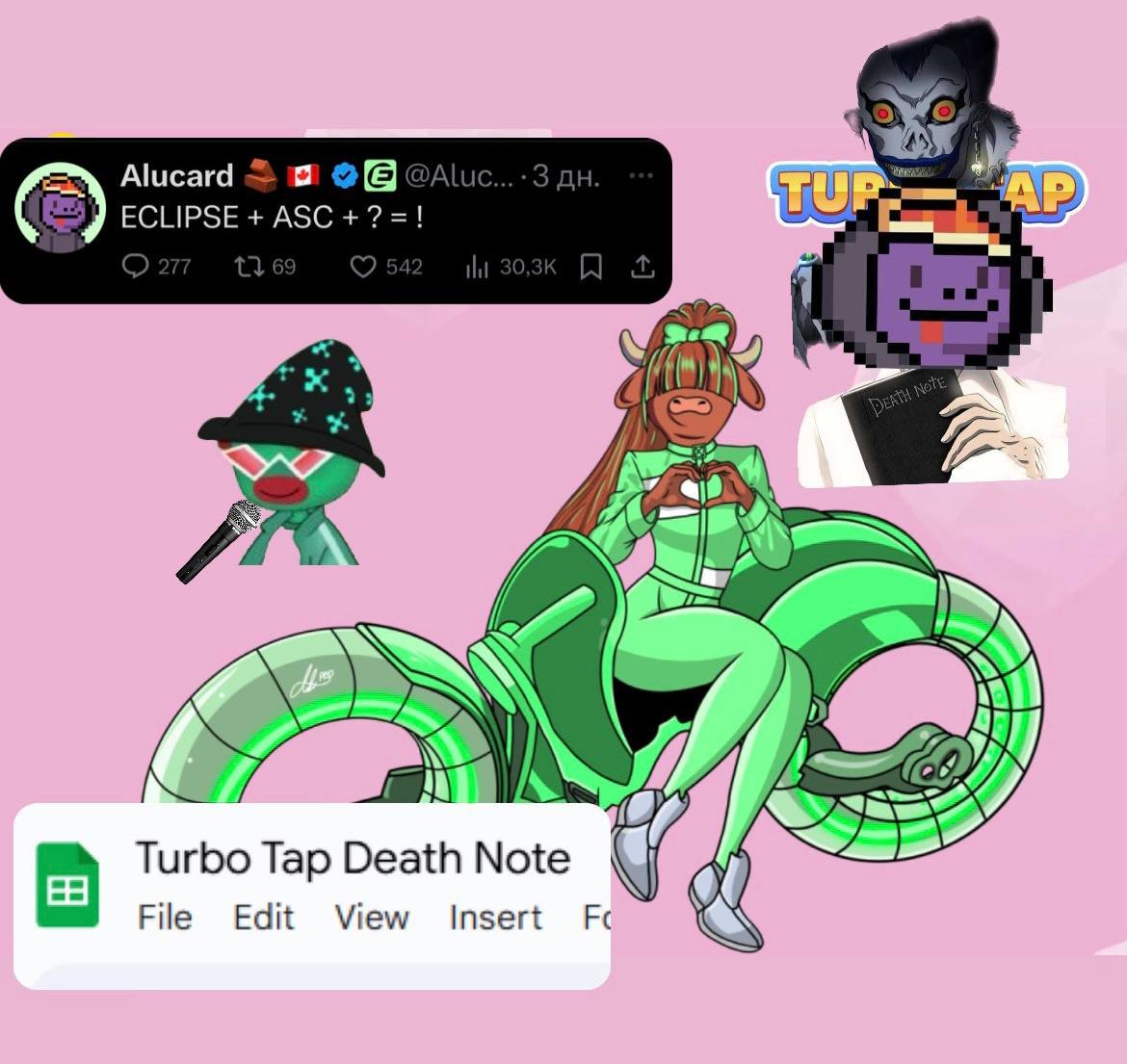 zhhhhhhhry's tweet photo. What's new  on @EclipseFND and small statistics

1⃣ Death Note from @Alucard_eth . I think the farmers are already biting their nails.
2⃣ Valentine's Day. They added a turbo girl to the main menu in TURBO TAP, I think it looks cute :3
3⃣ An interesting riddle from @Alucard_eth  *ECLIPSE + ASC + ? = !* you can write your guess in the comments
4⃣ Well, and the legendary event is karaoke in the Eclipse discord (gsvm @lowadka )

A small summary of @EclipseFND  statistics
NFT statistics from @scopenft on @EclipseFND
-Total Mints — 358.2k
-Number of Unique Minters — 160k
-Volume of Sales — 2.4k $ETH
-Number of Buyers — 15.6k
-Number of Sales — 32.1k

TVL by Platform on @EclipseFND
 @solar_dex — $263k
@invariant_labs — $7,2M
@save_finance — $11,3M
@orca_so — $14,2M
@AstrolFinance — $14,5M
@Lifinity_io — $17k

Founding Tapper: 56,4k wallets
Early Tapper: 81k wallets
Turbo Tapper: 137k wallets

Statistics in Turbo Taps on @EclipseFND 
Avg taps per hour: 5,450,782
Avg taps per minute: 91,828
Avg taps per second: 1605
Total player accounts: 252,590

ECLIPSE EVERYTHING💚

@Alucard_eth @0xSydney @purplepill3m @hotlneblng_ @0xLitquidity @zohanlin @convoluted_code @akachacolate @0xtaetaehoho 
@stikman