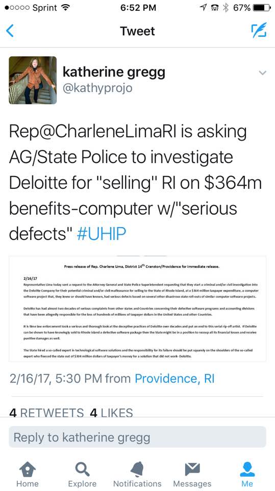 CharleneLimaRI's tweet image. 8 yrs ago I warned the State about the dangers of hiring Deloitte after the UHIP fraud. A little common sense and less political favoritism by State leaders would have prevented Deloitte from causing one of the biggest cybersecurity breaches in RI.
8 yrs later-Fire Deloitte!