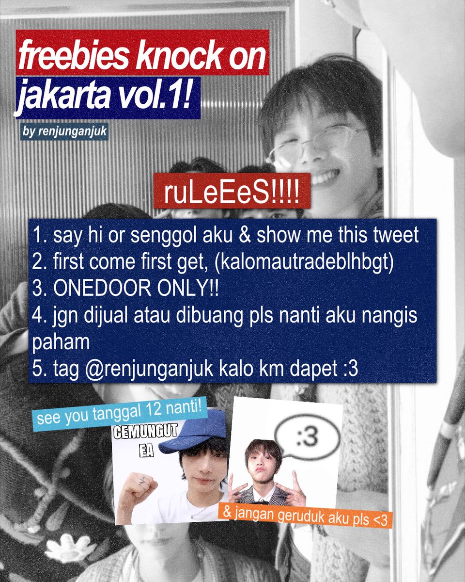renjunganjuk's tweet photo. 🏘️ KNOCK ON VOL. 1 IN JAKARTA FREEBIES
by @renjunganjuk 

📆: 12 april
details tba.

𖤐 you'll get 1 keychain &amp; 1 id with cute packaging (previewnya sOon!)
𖤐 only 100 pcs
𖤐 open for trade! kindly hit me up on dm yup.

rt &amp; likes are appreciated. <3
#Knock_On_Vol_1_In_Jakarta https://t.co/FayG0rifi9