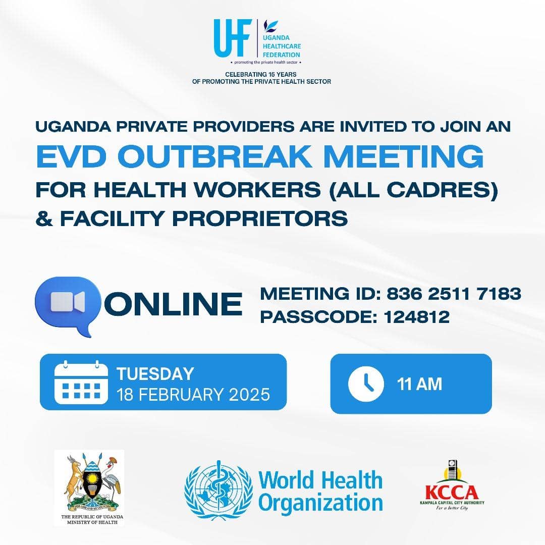 Hep Free S-W Organization (@hepfree_sworg) on Twitter photo Uganda Healthcare Federation <a href="/UgHealthcreFed/">Uganda Healthcare Federation</a> invites all healthcare professionals in private health facilities including drug shops, laboratories, and diagnostic units to attend this crucial engagement organised by the <a href="/MinofHealthUG/">Ministry of Health- Uganda</a> .
🗓 Tuesday, 18th February
⏰ 11:00 AM Uganda Healthcare Federation <a href="/UgHealthcreFed/">Uganda Healthcare Federation</a> invites all healthcare professionals in private health facilities including drug shops, laboratories, and diagnostic units to attend this crucial engagement organised by the <a href="/MinofHealthUG/">Ministry of Health- Uganda</a> .
🗓 Tuesday, 18th February
⏰ 11:00 AM