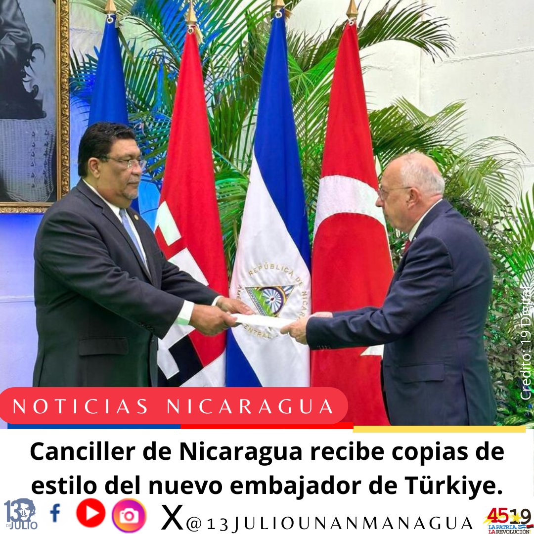 El canciller Valdrack Jaentschke recibió copias de estilo de Nuri Kaya Bakkalbaşı, nuevo embajador de Türkiye en Nicaragua, acreditando su misión diplomática en el país.
 ✊🏼🇳🇮🖤❤️
 #NicaraguaConDanielyRosario
#NicaraguaEnRevolución
 #SoyCSM #SomosUNAN