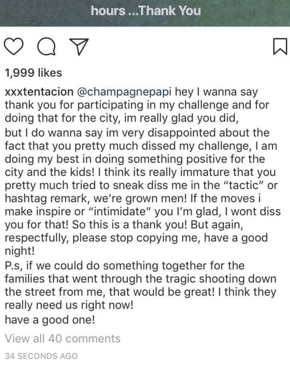 atiofficial_'s tweet photo. After Drake sneak dissed XXXTentacion's charity challenge The Helping Hand in 2018, X responded to him in a post on Instagram https://t.co/qnBbdrKj6Y