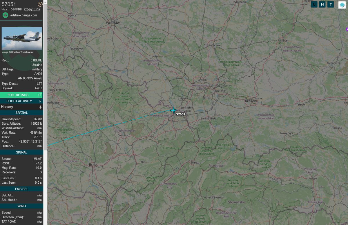PolishMilRadar's tweet photo. ❗️ An-26 ALERT ❗️
⌚️ 16.02 13:00LT

🇺🇦 Ukraińskie Siły Powietrzne
✈️ Antonov An-26 "01-BLUE"
#57051 leci na FL190
🛫 Monachium #EDDM
🛬 Lwów #UKLL (prawdopodobnie)
🔗https://t.co/3v6770ymP8
📷 https://t.co/FbXdcGiLUx / Krystian Truszkowski

#POLMILRADAR https://t.co/S2XjSvELcP