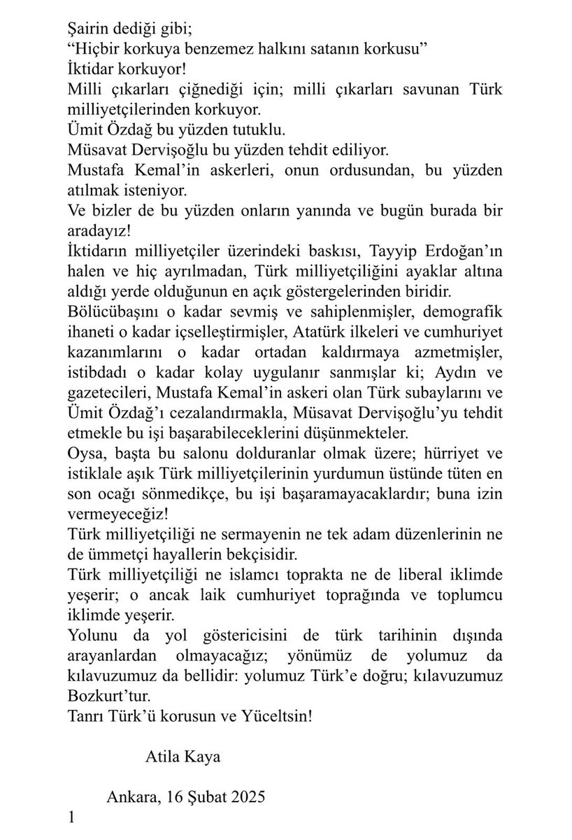 Sağlık durumum nedeniyle katılamadığım Milli Egemenlik Kongresi'nde Atila Kaya'nın konuşması...
     Varolasın <a href="/AtilaKaya_MHP/">Atila KAYA</a> abi.