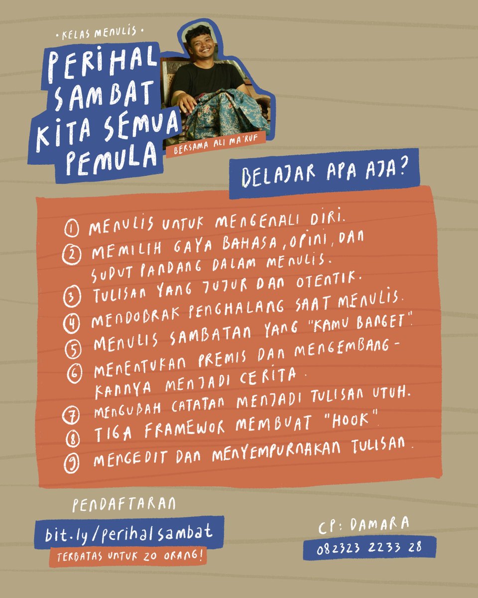 Nanti Kita Sambat Tentang Hari Ini (@nksthi) on Twitter photo Buat kamu yang ada di Solo - Jogja, yang pengin belajar menulis sekalian sambat, aku sama <a href="/alimaruv/">Mohammad Ali Ma’ruf</a> bakal ngadain kelas menulis di akhir pekan ini di Kopi Aloo, Lokananta Bloc, Solo. Terbatas untuk 20 orang aja!
Amankan seat-mu di sini: bit.ly/perihalsambat Buat kamu yang ada di Solo - Jogja, yang pengin belajar menulis sekalian sambat, aku sama <a href="/alimaruv/">Mohammad Ali Ma’ruf</a> bakal ngadain kelas menulis di akhir pekan ini di Kopi Aloo, Lokananta Bloc, Solo. Terbatas untuk 20 orang aja!
Amankan seat-mu di sini: bit.ly/perihalsambat