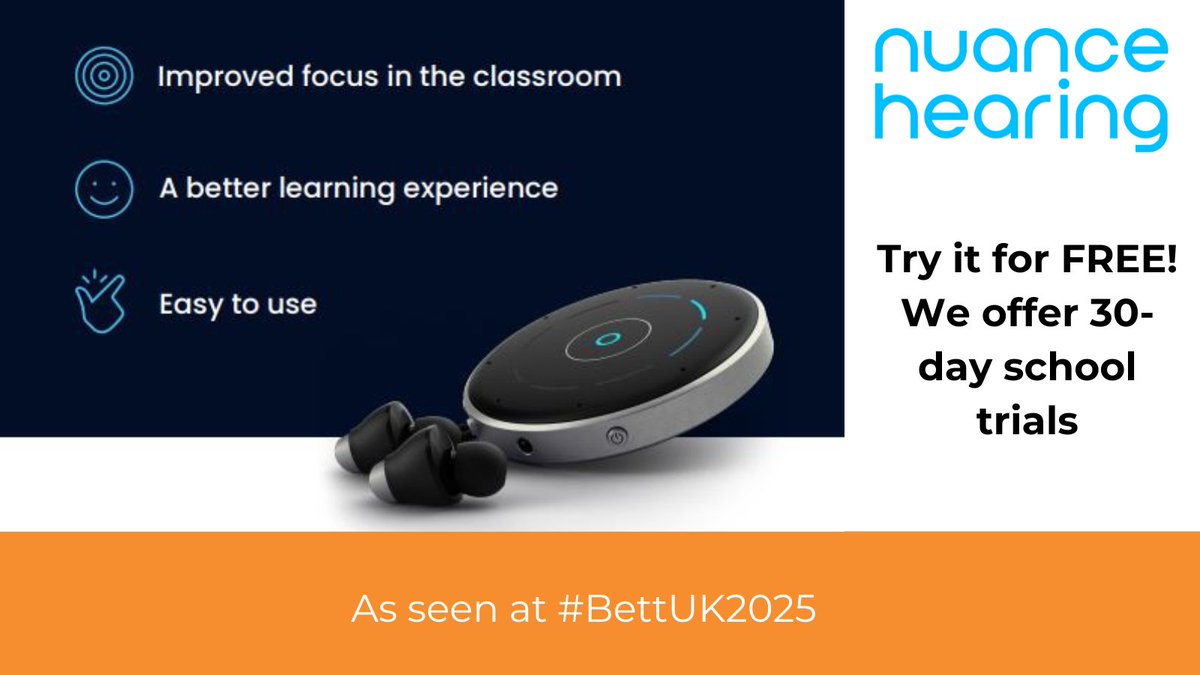 Edtech.Direct (@edtech_direct) on Twitter photo Improve Classroom Focus with Nuance Hearing! As seen at #BETTUK2025
📢 Try it for FREE! We offer 30-day school trials—experience the difference firsthand!
📩 Get in touch: sales@edtech.direct 📞 Call us: 01252 612806
#EdTech #InclusiveEducation #ADHDSupport #BettUK2025 Improve Classroom Focus with Nuance Hearing! As seen at #BETTUK2025
📢 Try it for FREE! We offer 30-day school trials—experience the difference firsthand!
📩 Get in touch: sales@edtech.direct 📞 Call us: 01252 612806
#EdTech #InclusiveEducation #ADHDSupport #BettUK2025