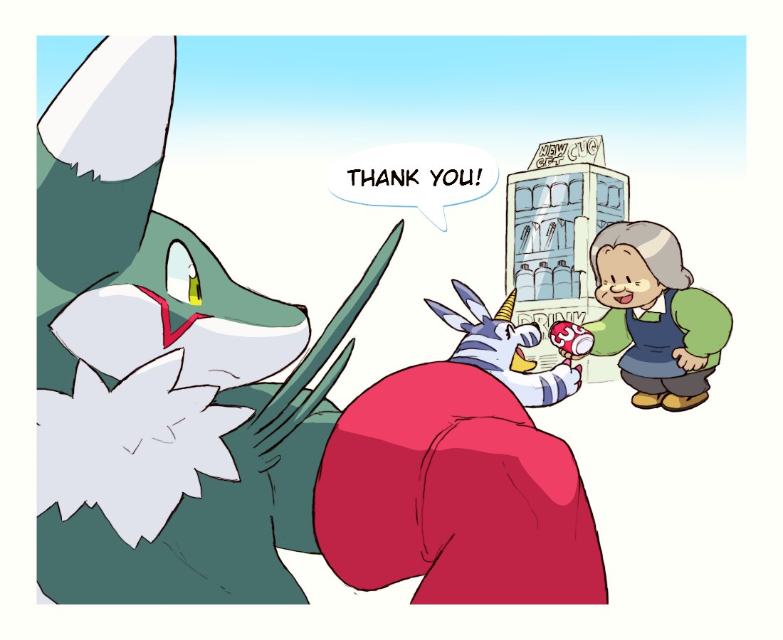 OnlyJerryBlep's tweet image. An OC Gabumon and Renamon take a chaotic walk