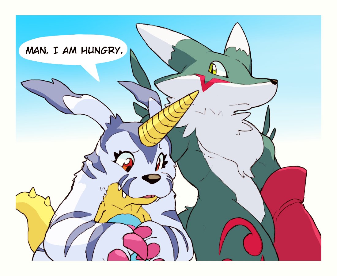 OnlyJerryBlep's tweet image. An OC Gabumon and Renamon take a chaotic walk