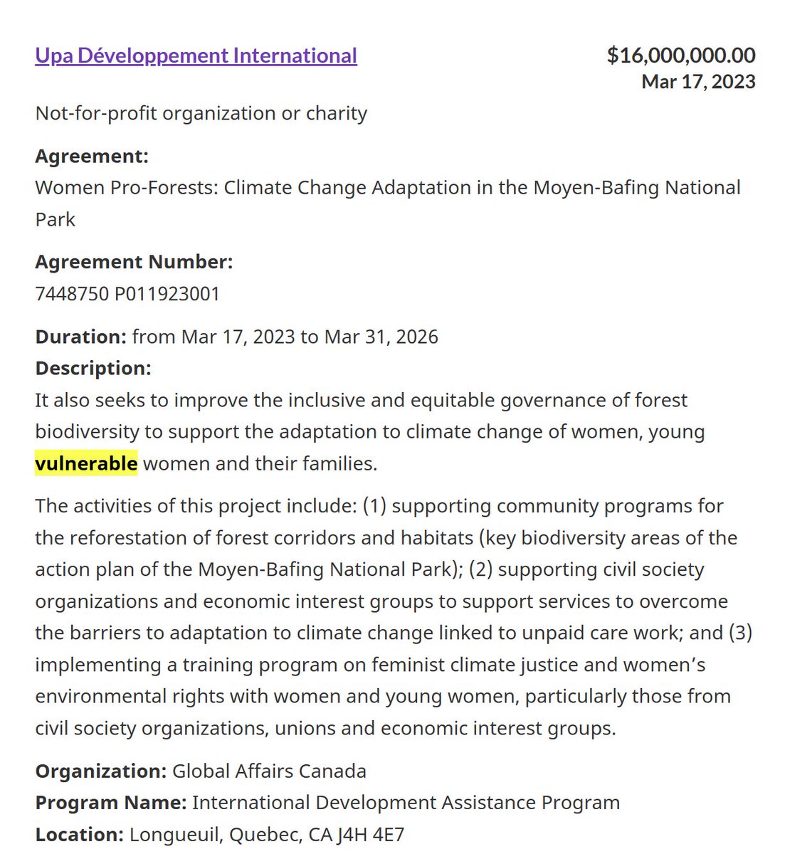 So much to unpack here.

16 million for a  park in Northern Guinea to implement a "feminist climate justice" training program