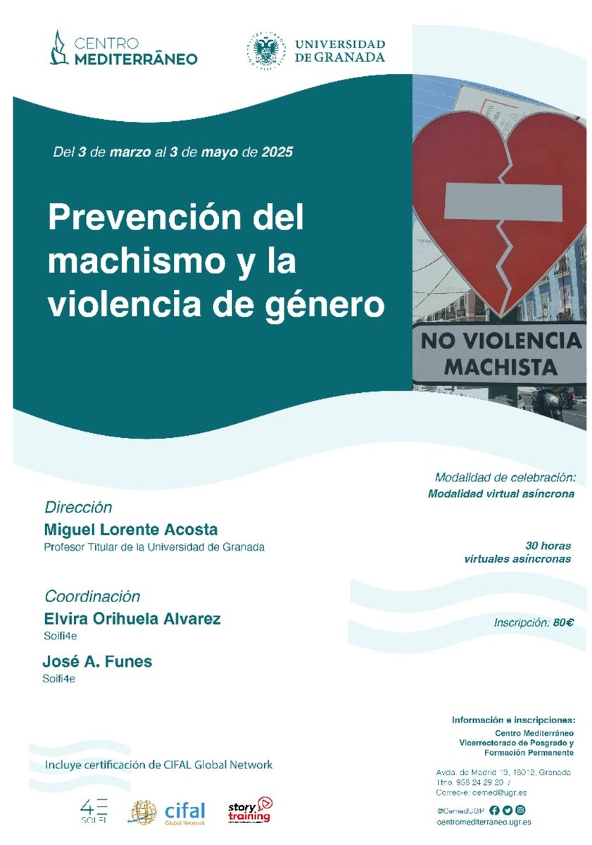.<a href="/CemedUGR/">Centro Mediterráneo</a> de <a href="/CanalUGR/">Universidad Granada</a> celebra, a los 20 años de la primera ley integral sobre VG, un curso sobre prevención, online y asíncrono,  con <a href="/Miguel__Lorente/">Miguel Lorente</a> y <a href="/CarmenRuizRepul/">Carmen Ruiz Repullo</a> como docentes y reconocido con tres créditos por todos los grados de la <a href="/FCCE_UGR/">Facultad Ciencias de la Educación UGR</a> y por <a href="/CifalMalaga/">CIFALMalaga</a>.