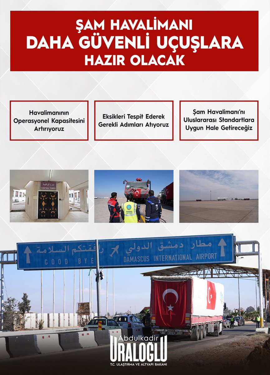 Şam Havalimanı daha güvenli uçuşlara hazır olacak! 🚧 ✈️

Ekiplerimiz, Suriyeli yetkililerle koordineli çalışarak havalimanının operasyonel kapasitesini artırıyor, eksiklikleri tespit ediyor ve güvenli uçuşlar için gerekli adımları atıyor.

Hedefimiz, Şam Havalimanı’nı