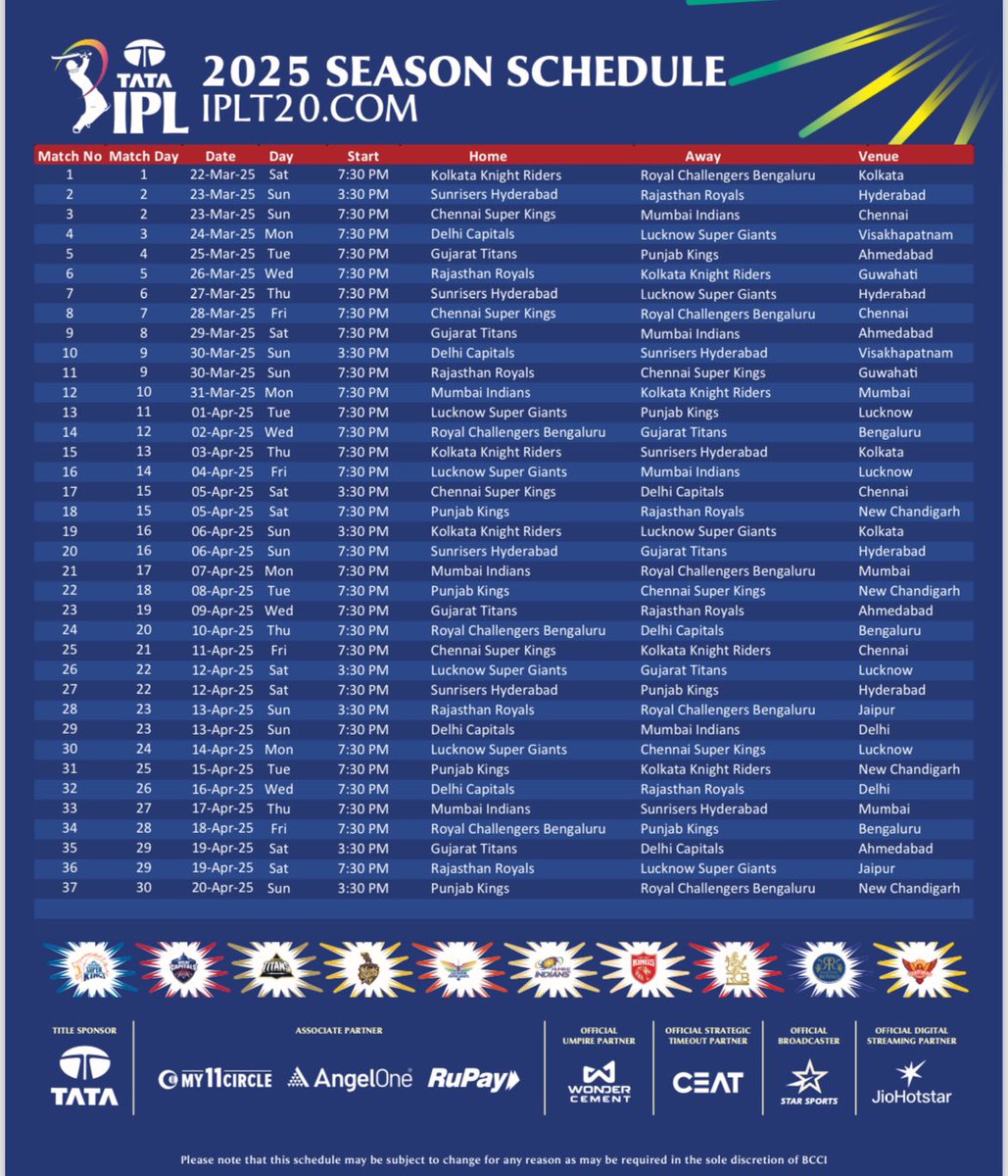 mufaddal_vohra's tweet photo. IPL 2025 SCHEDULE. https://t.co/QpEQ7DcE9d