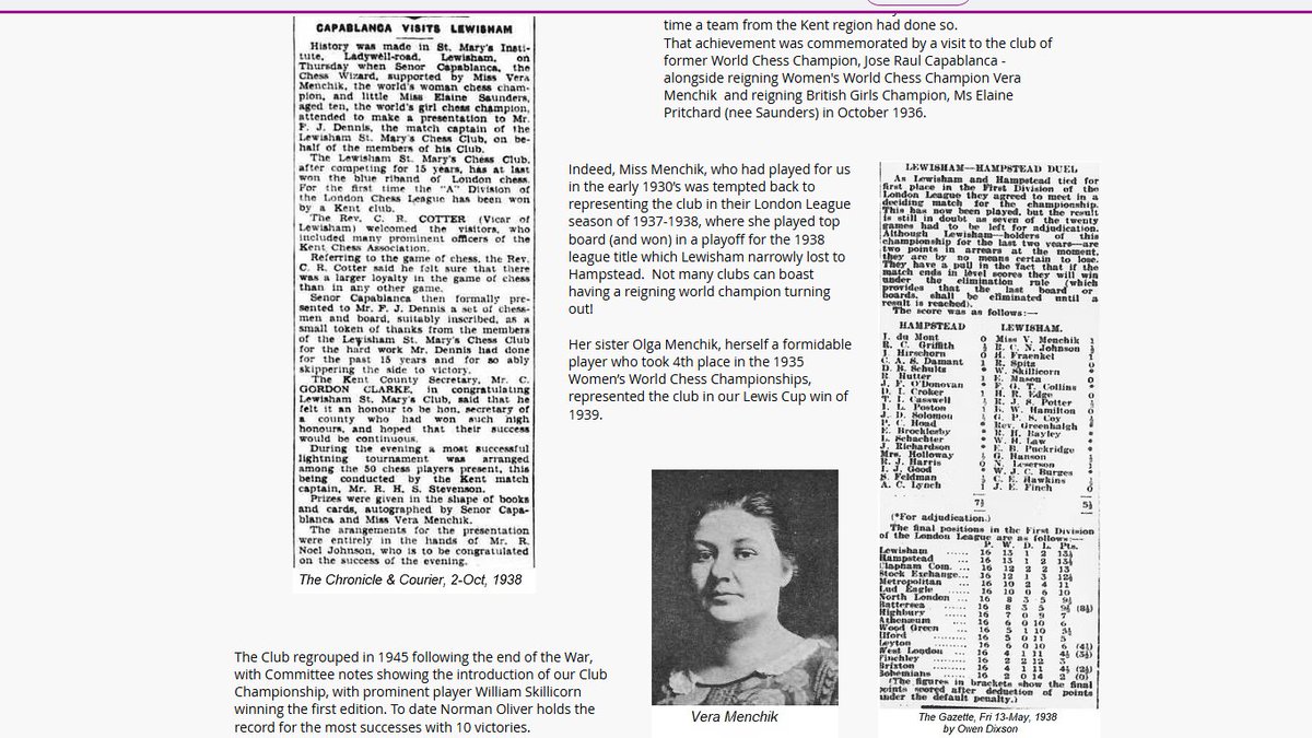 Lewisham Chess Club (@lewishamchess) on Twitter photo Vera Menchik was an active member of #Lewisham Chess Club; played regularly for LCC teams. Club chair Andrew Craig researched this txt on our history (at lewishamchessclub.wixsite.com/lewishamcc/his…). In 1937-38 she was board 1, led LCC almost to win <a href="/ll_chess/">London Chess League</a>.
Killed by V1 rocket 27.1.1944. #RIP Vera Menchik was an active member of #Lewisham Chess Club; played regularly for LCC teams. Club chair Andrew Craig researched this txt on our history (at lewishamchessclub.wixsite.com/lewishamcc/his…). In 1937-38 she was board 1, led LCC almost to win <a href="/ll_chess/">London Chess League</a>.
Killed by V1 rocket 27.1.1944. #RIP