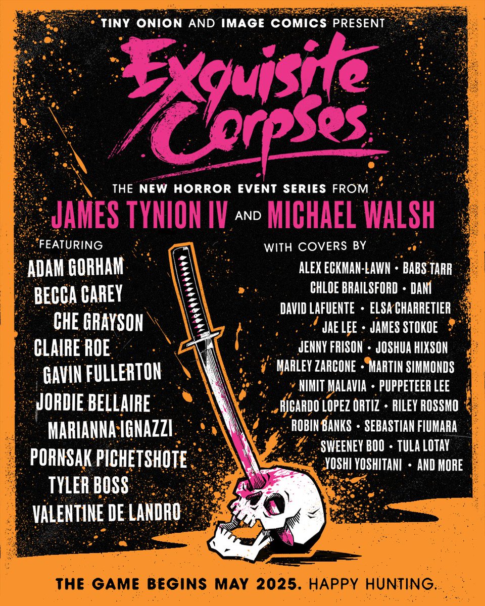Very excited to announce that I am a member of the Corpse Crew! 💀🗡️ 
Exquisite Corpses is a brand new horror series from James Tynion IV and Michael Walsh, with an incredible lineup of artists and writers.
Be on the lookout. Until then… 
Happy Hunting!🎃