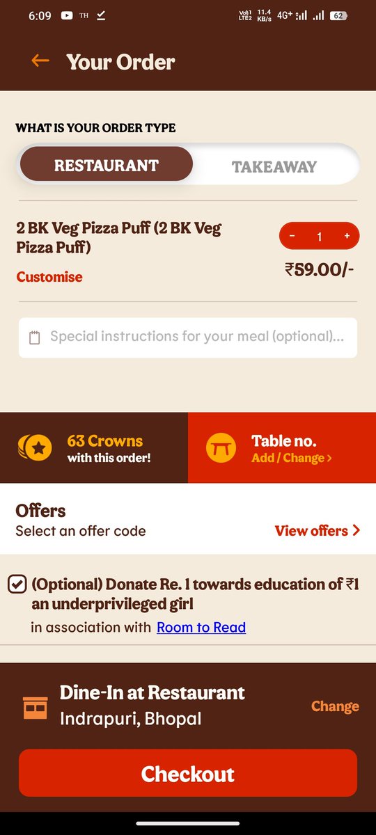 Divyuchouksey's tweet image. @BurgerKing @burgerkingindia 

Ordered 2 BK Veg Pizza Puffs at Burger King (Indrapuri), app showed ₹59, but bill charged ₹69. Customer care said it’s due to tax changes, but even with tax, it should’ve been ₹62.96, not ₹69. Seems unfair! #BurgerKing #PricingIssue