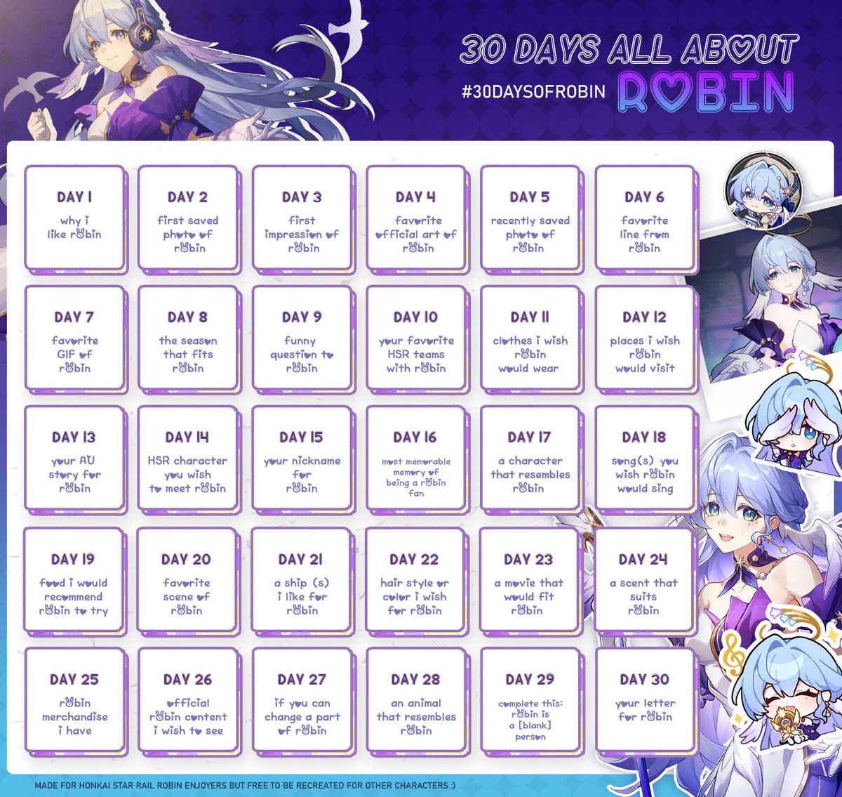 choikfu's tweet photo. Inspired by Robin Mains from KR server I made this template for EN. Going to do the thread starting tomorrow 💜 #30daysofRobin
📌Template can be recreated for other characters, free to use or change the day contents as you wish.
📌If needed DM for the free PSD file https://t.co/LgwKnoveXP