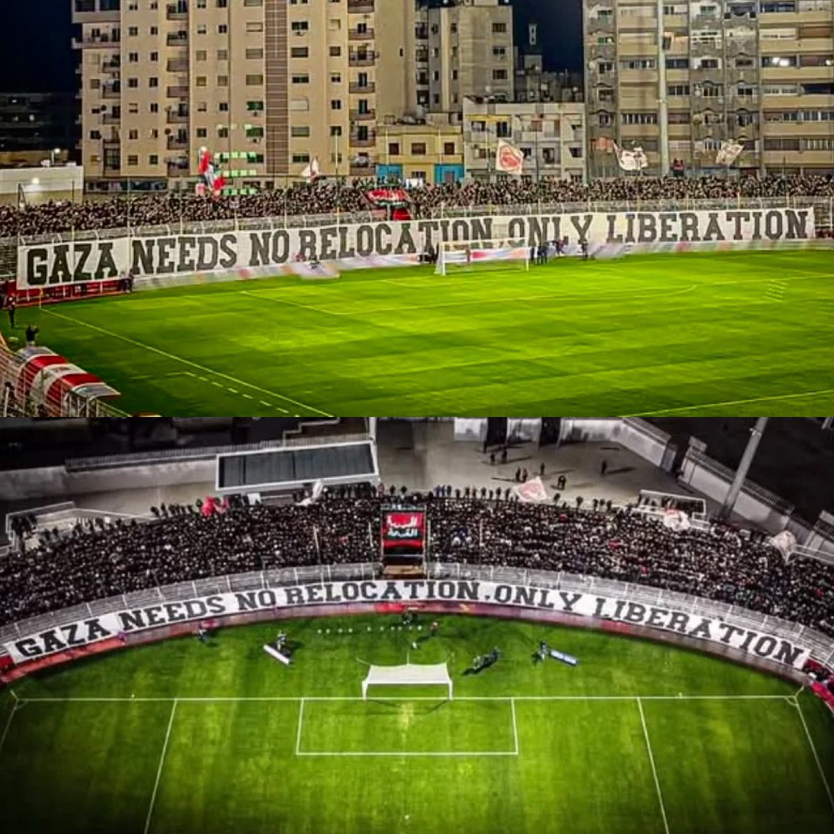 leylahamed's tweet photo. “Gaza needs no relocation, only LIBERATION”

Ultras Red Men @Codmfootball62 fans in Morocco joined the wave of solidarity with Palestine happening across football stadiums this week, led by Green Brigade Celtic fans.

🇵🇸🇲🇦 https://t.co/yH3BRah1Vm