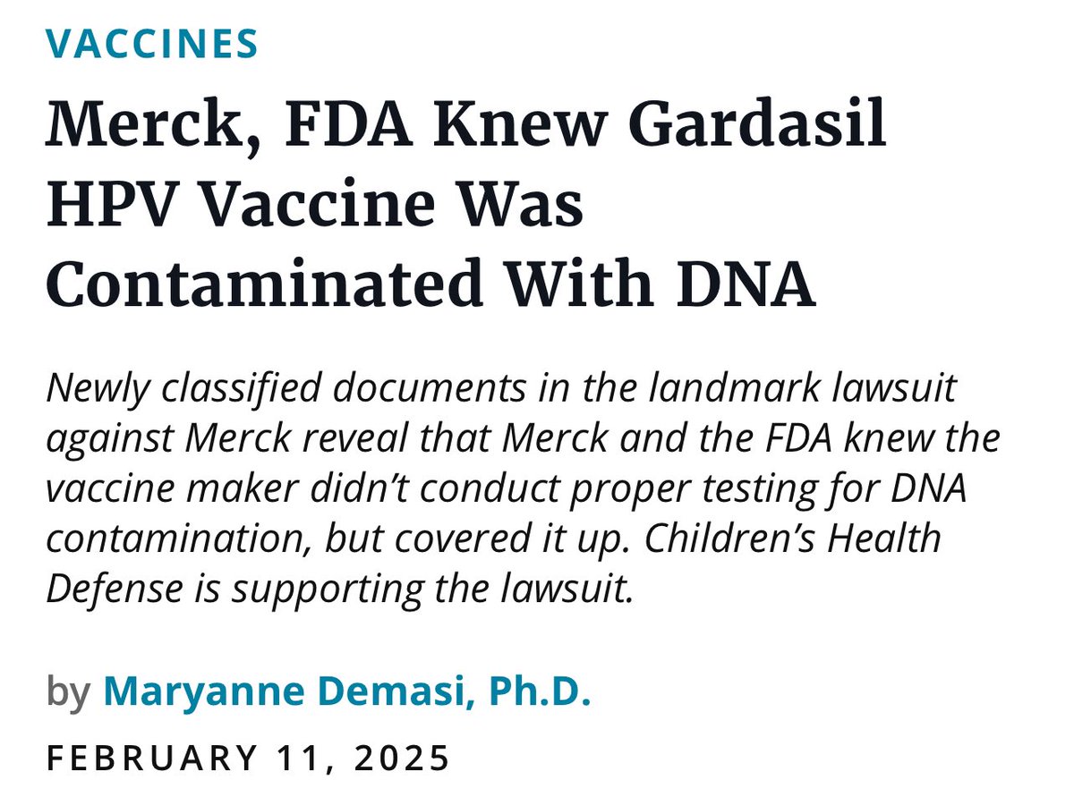 TheChiefNerd's tweet image. 🚨 “A landmark lawsuit against Merck is underway … Newly declassified documents in the trial have revealed troubling details about Merck’s failure to conduct key safety tests.

Internal emails reveal that Merck knew its Gardasil vaccine was contaminated with HPV DNA fragments…