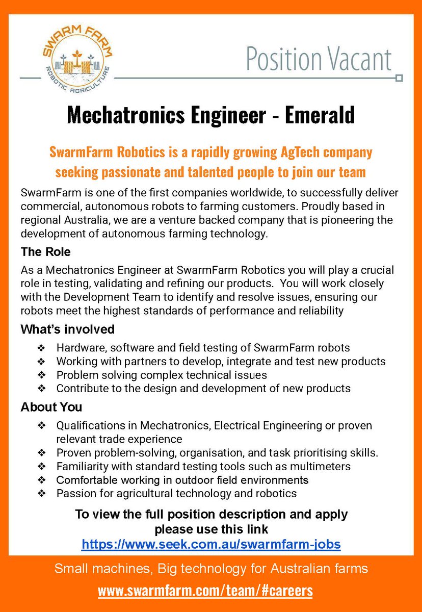 SwarmFarm's tweet image. SwarmFarm Robotics is on the hunt for a passionate Mechatronics Engineer to revolutionize agriculture with cutting-edge technology. 

If you&apos;re passionate about robotics, agricultural technology, and making a real impact, we want you on our team! 
#JoinOurTeam #SwarmFarmRobotics…