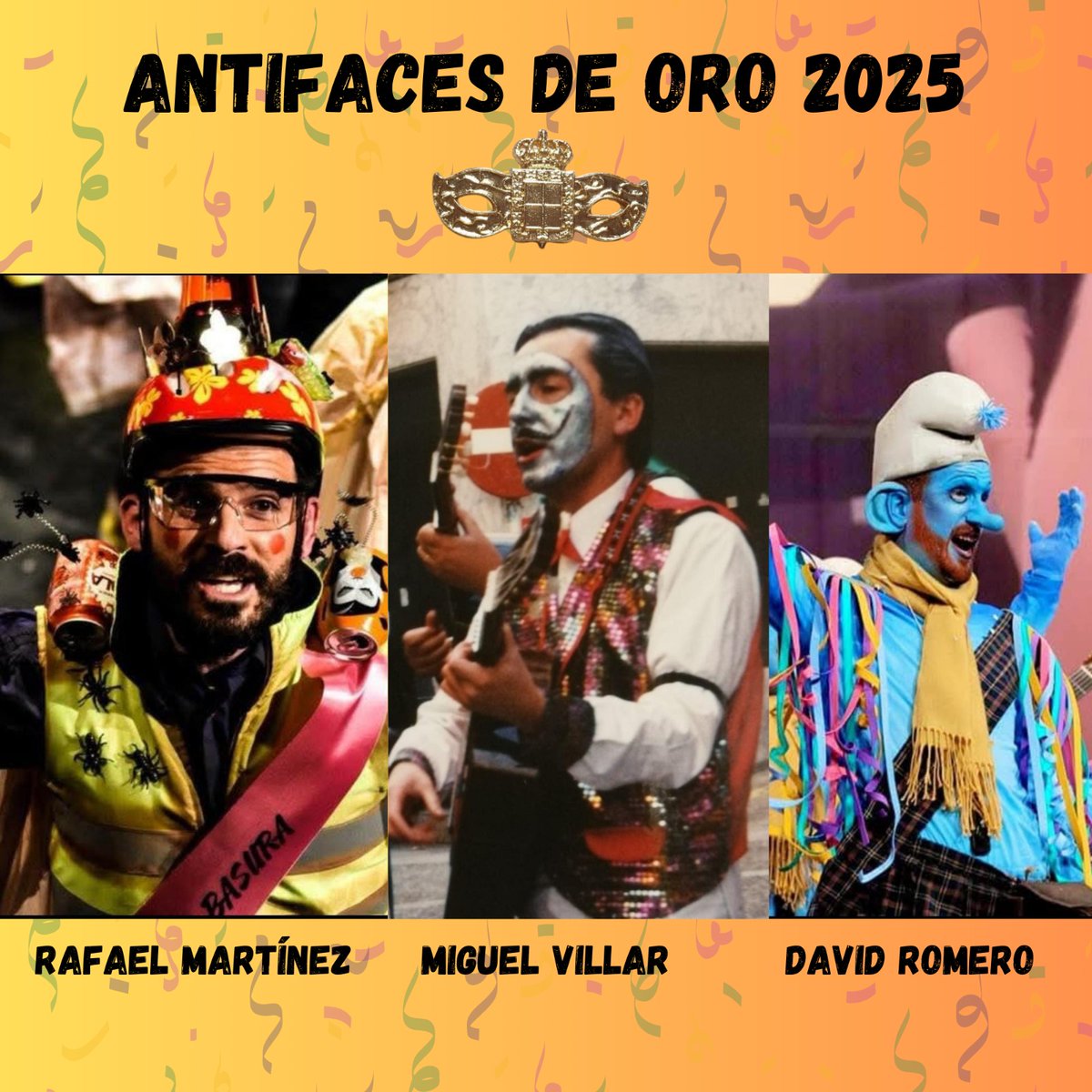 🎭 ANTIFACES DE ORO 2025 🎭

La Asociación Amigos del Carnaval de Jaén anuncia a los 3 galardonados con la insignia de oro 🏅 por su trayectoria en la fiesta.

📅 Jueves 20 de febrero, 20:30h
📍 Teatro Darymelia (Jaén)

¡Enhorabuena! 🎊

🎟️ Entradas:
🔗 giglon.com/todos?idEvent=…